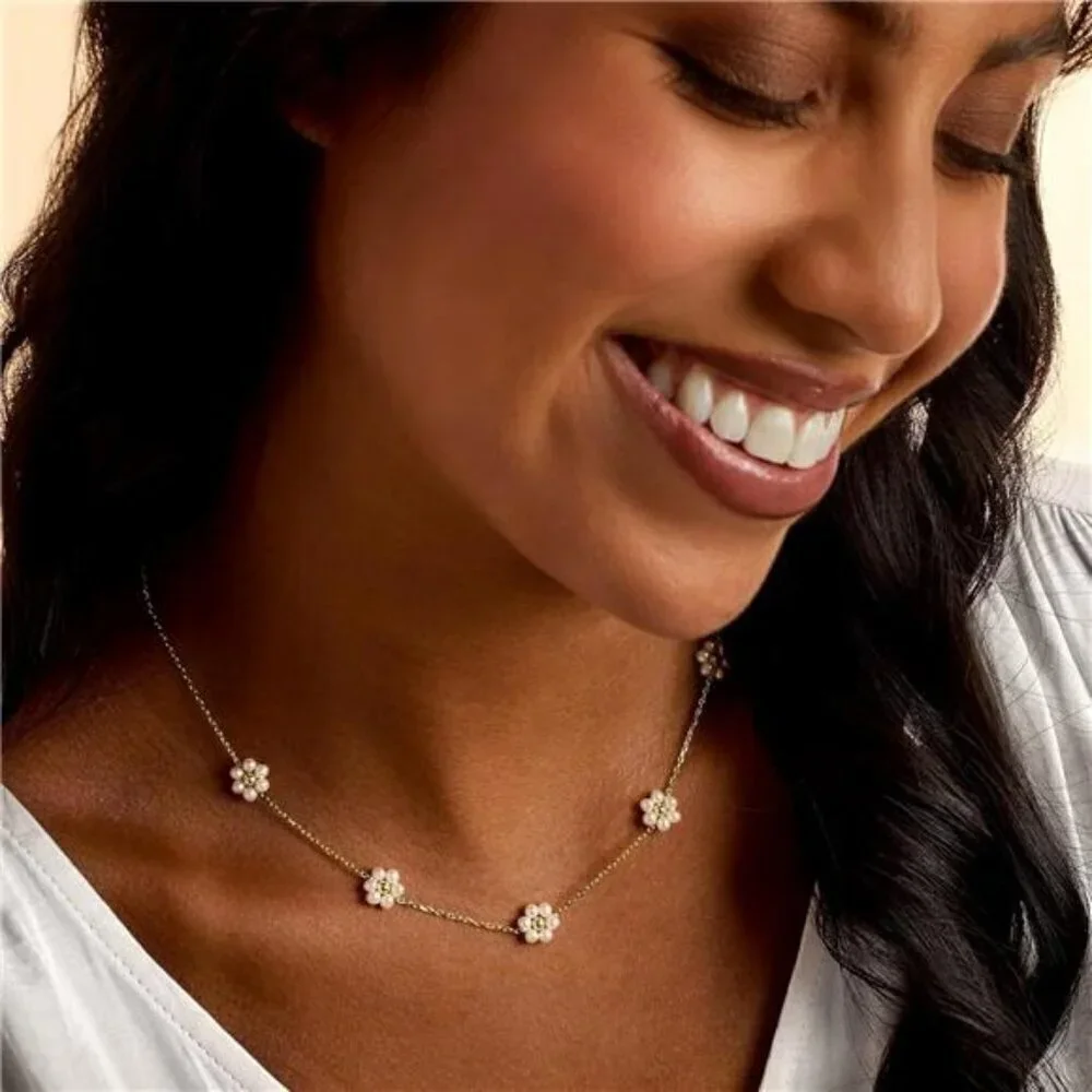 Daisy Pearl Necklace Choker for Women Flower 14K Gold Plated Stainless